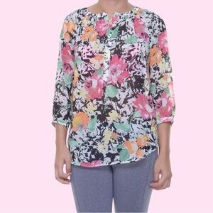 Lauren Ralph Lauren Pink & Green Abstract Floral Print Split Neck Blouse Size S